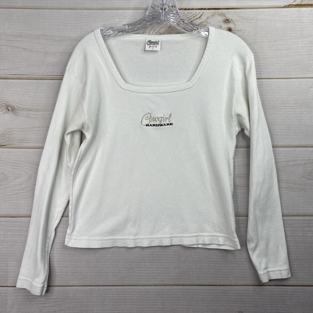 Vtg Cowgirl Hardware Western Shirt Sz L White Embroidered Long Sleeve Tee Shirt